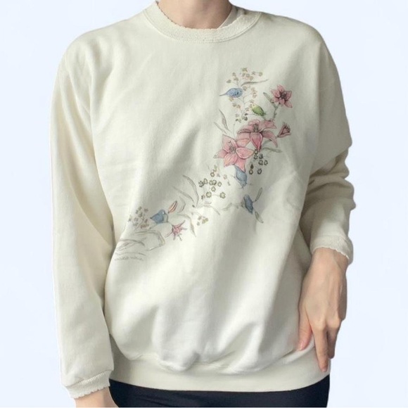90s Northern Reflections Floral Lily Nature Bird Print Cream Knit Trim Sweater - Picture 2 of 8